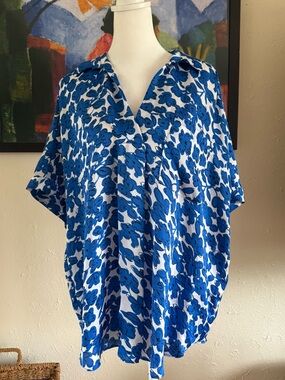 Alfani | Blue and White Floral V-Neck Blouse